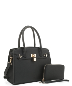 New Fashion Satchel with Padlock Deco and With Free Matching Wallet SM20093 BLACK